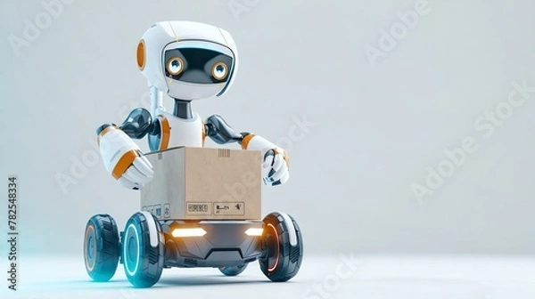 Fototapeta 3D rendering of a robot delivering a package.