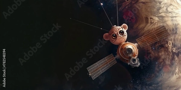 Fototapeta A cartoon illustration of a space satellite with a teddy bear head floating near a planet.