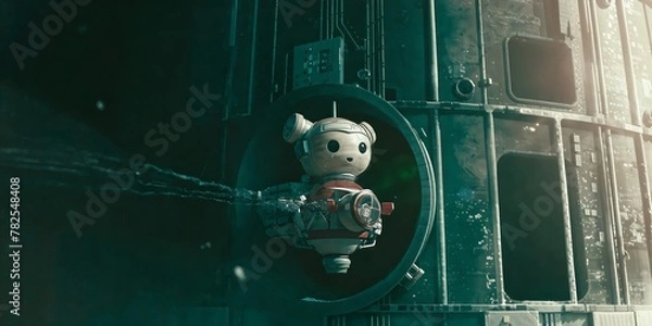 Fototapeta A small robot floats in a large pipe.