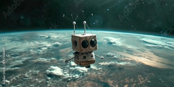 Fototapeta A cute robot is floating in space with the Earth in the background.