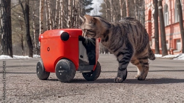 Fototapeta A cat sniffs a delivery robot on the sidewalk.