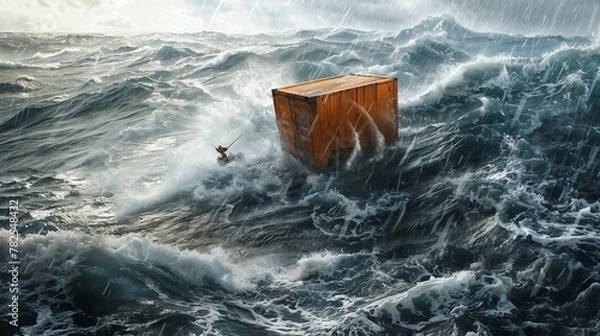 Obraz A wooden crate floats in a stormy sea. Waves crash over the crate as it bobs up and down. A man in a red life jacket struggles to stay afloat next to the crate.