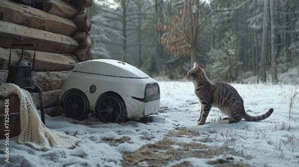 Fototapeta A cat sits next to a delivery robot in the snow.