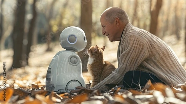 Fototapeta An elderly man kneels in the woods with his robotic pet.