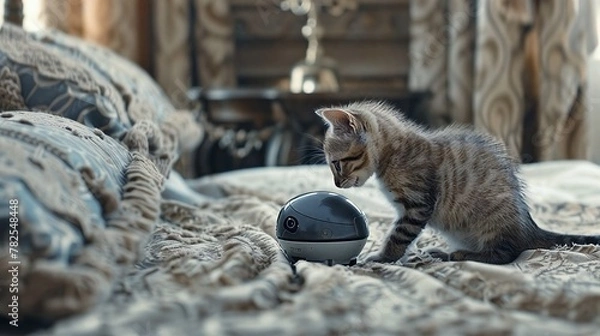 Fototapeta A cute tabby kitten curiously investigates a small silver robot on a bedspread with a blurry background.