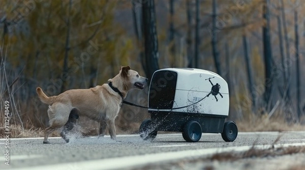 Fototapeta An autonomous robot pulls a dog on a leash