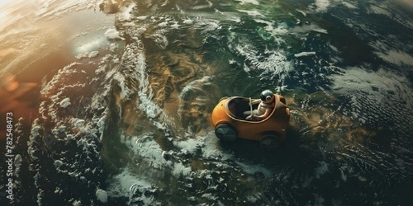Fototapeta An astronaut drives a yellow toy car on the surface of a planet.