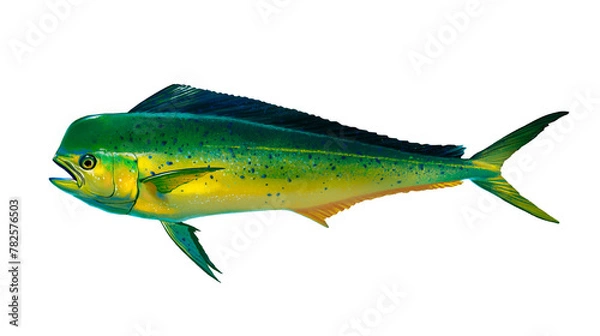 Obraz Mahi mahi Young or dolphin fish isolated on white. Realistic illustration of mahi mahi or dolphin fish isolated on white background. Side view Png.