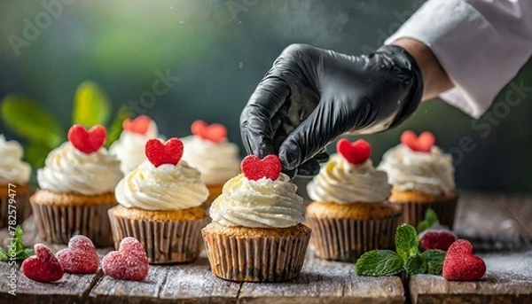 Fototapeta Professional pastry chef hands with black gloves decorating cupcakes with cream cheese cream and small red hearts. Confectioner studio, culinary and bakery