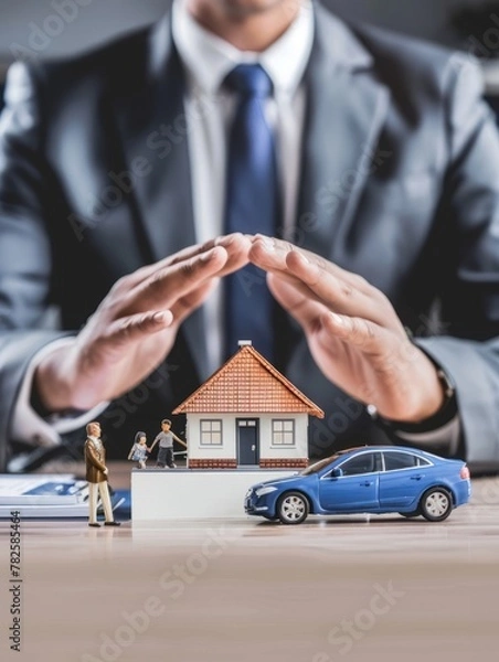Fototapeta A businessman's hands hold over a model house and car, symbolizing security and protection for potential buyers