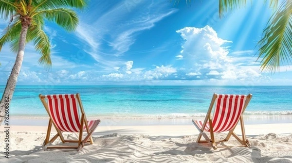 Fototapeta Two red and white striped beach chairs on sandy beach with palm trees, blue sky, and clear sea, seaside summer vacation. Copy space.