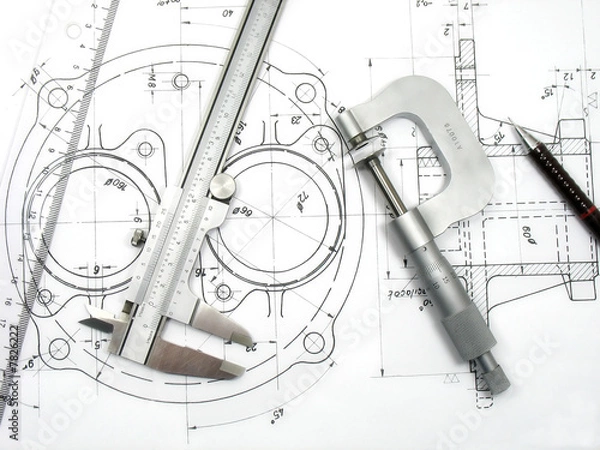 Obraz Engineering tools on technical drawing