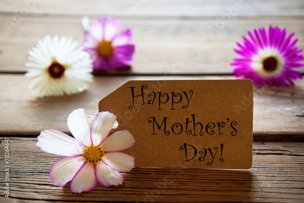 Fototapeta Label With Text Happy Mothers Day With Cosmea Blossoms