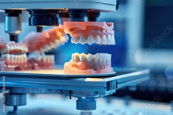 Fototapeta 3D printing dental prostheses process in a lab, light colors, realistic illustration made with Generative Ai