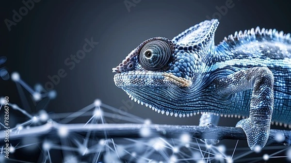 Fototapeta Digital chameleon in neon colors. Big data visualization. Information aesthetic design. Animal learning. Generative AI