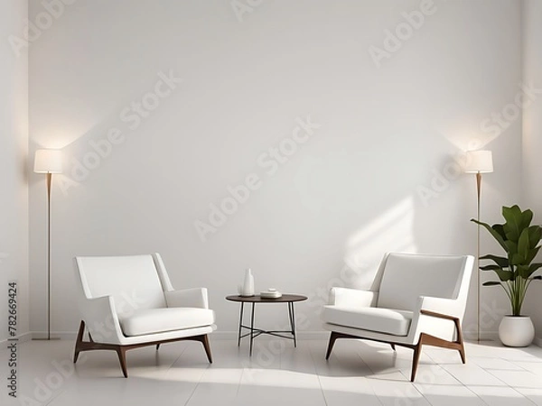 Fototapeta  Modern minimal interior with two armchair on empty white color wall background  with copy space