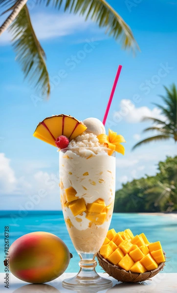 Obraz Sundae ice cream with Thai ingredients like mango, sticky rice, and coconut cream in a tall glass. Theme: tropical summer with colorful garnish,