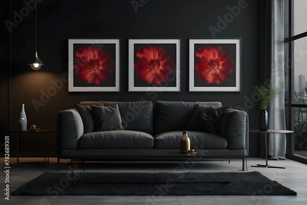 Fototapeta Living room with 3 three accent canvas square painting picture. Frames for art on a black wall. Gallery in dark colors with a light yellow sofa or couch. Rich exhibition mockup layout triptych