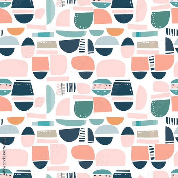 Fototapeta A seamless pattern of geometric shapes and forms in pastel pink, peach, teal, and navy blue on a white background. 