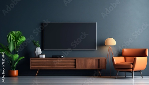 Fototapeta Modern living room with Smart TV on the cabinet interior wall mockup, modern luxury interior 