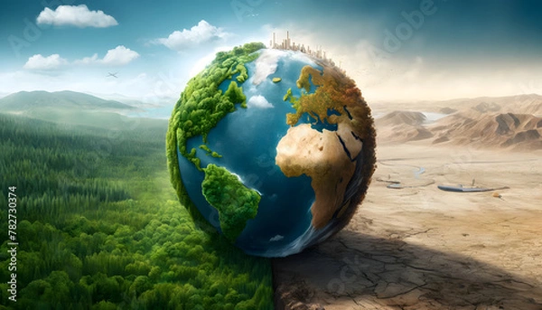 Obraz The earth is split between two drastically different landscapes: on one side, a lush, vibrant forest full of life and on the other, a barren, desert wasteland, symbolizing the before and after effects