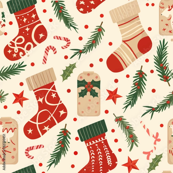 Fototapeta New Year pattern with fir trees and gift socks. festive winter print for fabric and print