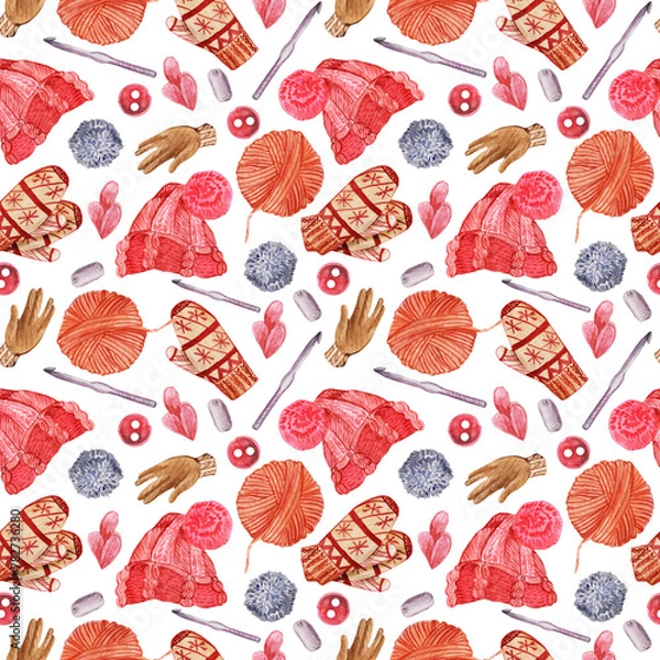 Obraz Seamless pattern with knitted pink hats, buttons, pompoms and embroidery, knitting tools. Hand drawn watercolor illustrations, winter craft background.print on fabric, hobby boxes, paper.
