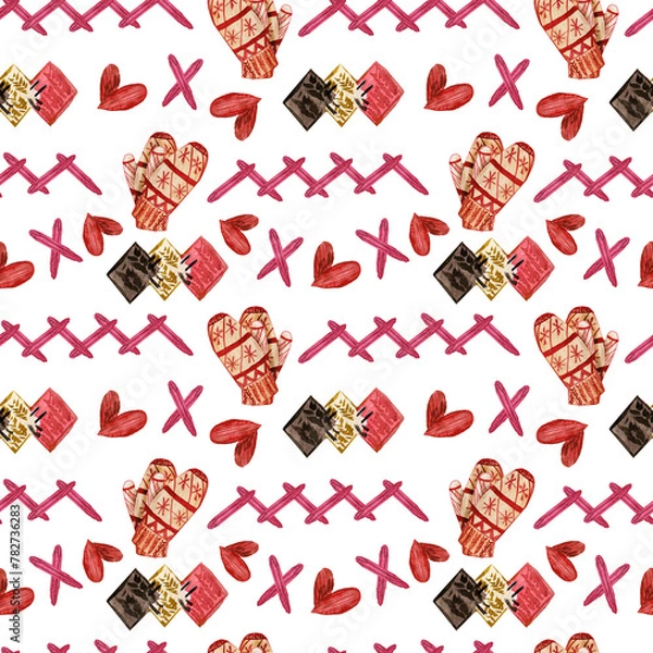 Obraz Seamless pattern with knitted woolen mittens, buttons, embroidered ornaments. Watercolor illustrations, on the theme of knitting, hand-drawn, winter handicraft background. print on fabric,hobby boxes.