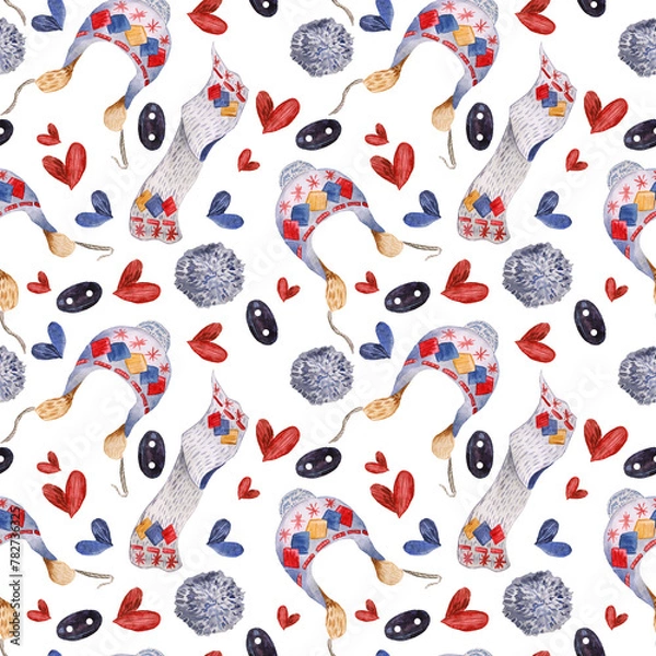 Obraz pattern with knitted blue hats, buttons, pom-poms and embroidered red eyelets. Design elements on the theme of knitting. Watercolor illustrations hand drawn, print for fabric, hobby boxes, paper.
