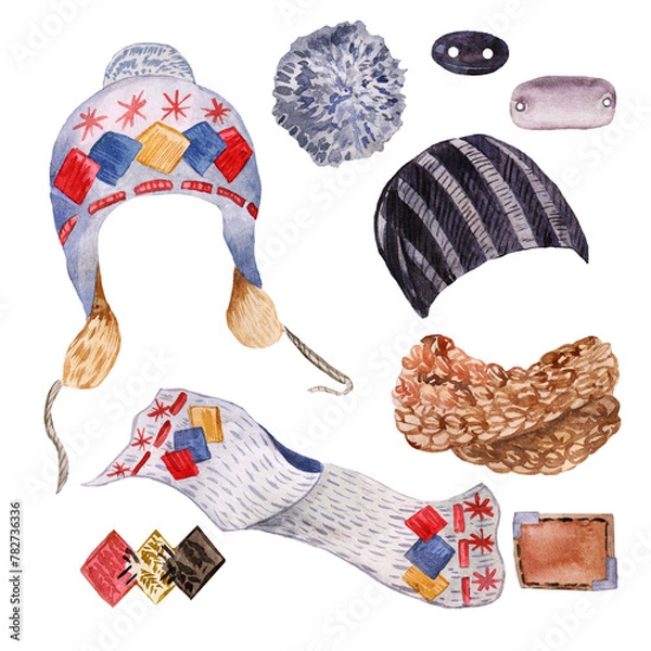 Obraz Watercolor set of winter hats, scarves and elements for hand-knitting-pompom,button and emblem.Illustrations are drawn in watercolor by hand,for the design of logos,magazines,stickers,photo background