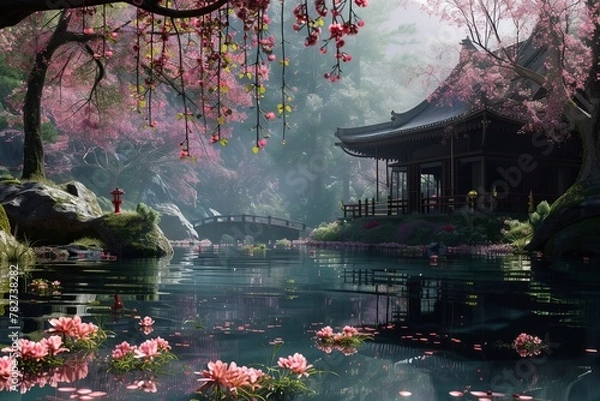 Fototapeta 桜と池のある風景