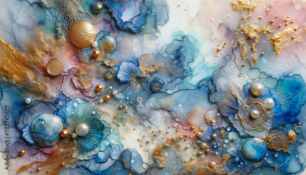 Fototapeta luxurious fluid art colorful gradient deep tones with gold accents and pearl embellishments for background, banner in luxury style.