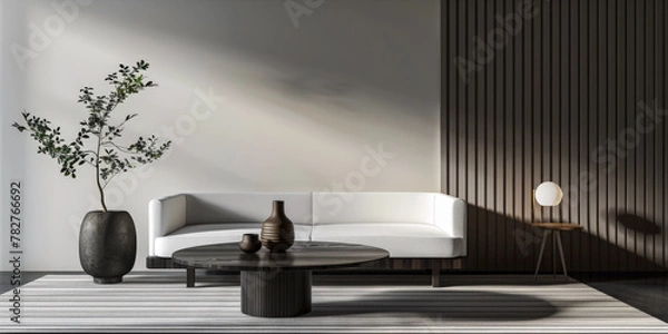 Fototapeta Stylish living room interiors with a sofa placed next to a window, wall panels a small table