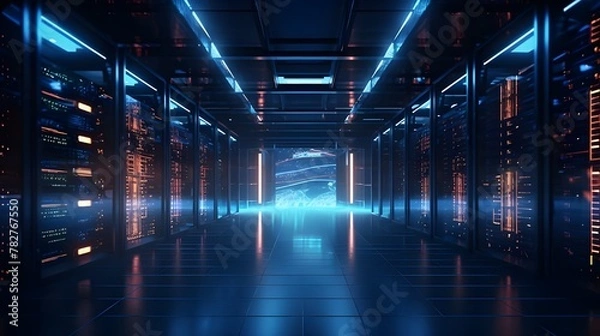 Fototapeta Data Technology Center Server Racks in Dark Room with
