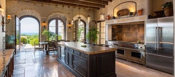 Fototapeta Sleek, integrated appliances for a seamless Mediterranean look