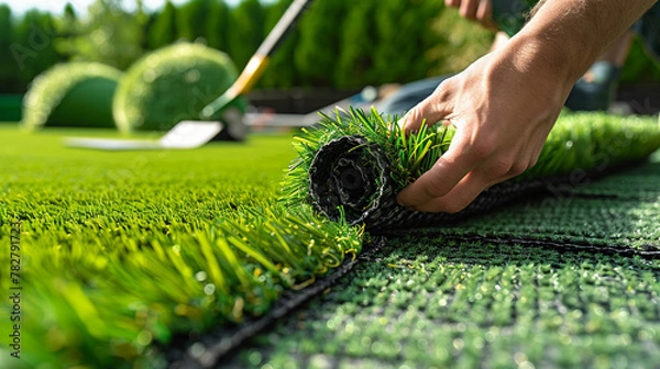 Fototapeta Artificial Turf Installation, Close-up of hands laying artificial turf in a lush garden setting.