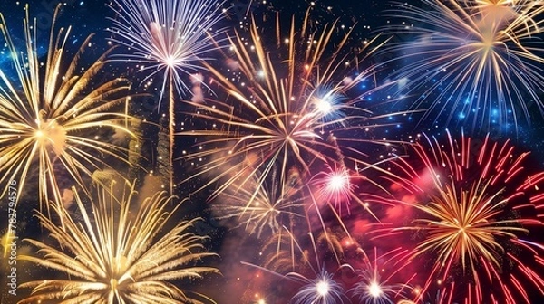 Fototapeta Create a spectacular image portraying a vibrant display of fireworks against the backdrop of a starry New Year's Eve sky in nature. 