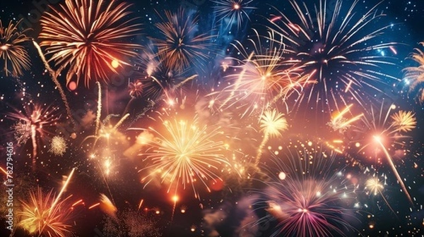 Fototapeta Create a spectacular image portraying a vibrant display of fireworks against the backdrop of a starry New Year's Eve sky in nature. 