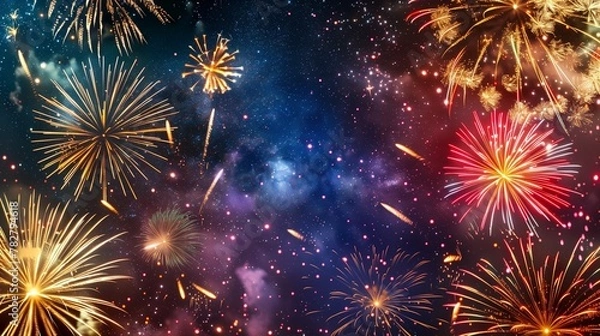 Fototapeta Create a spectacular image portraying a vibrant display of fireworks against the backdrop of a starry New Year's Eve sky in nature. 