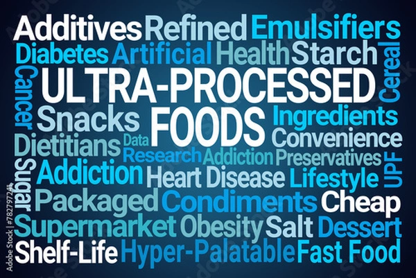 Obraz Ultra-Processed Foods Word Cloud on Blue Background