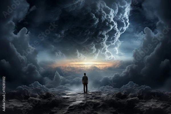 Fototapeta Conceptual image of a person looking up at a stormy sky