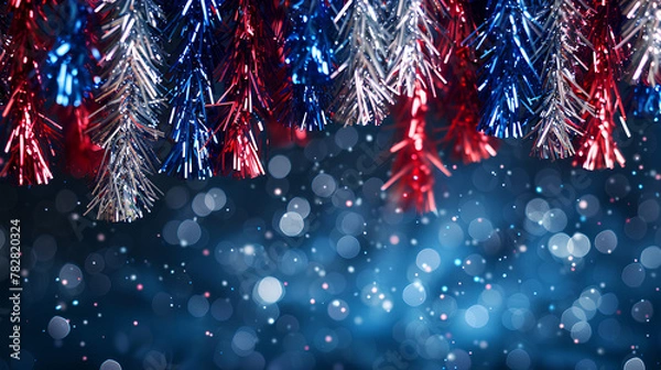 Fototapeta Patriotic Tinsel, Blue and Red Festive Decoration, Independence Day Background with Bokeh