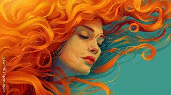 Fototapeta A painting of a beautiful woman with colorful wavy and loose hair with a serenity and elegance colorful concept.