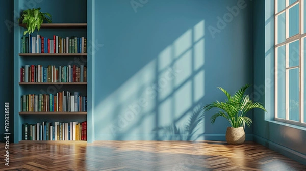 Fototapeta Wooden book shelf in front of blue wall, wooden floor, houseplant. Minimalistic interiror design.	