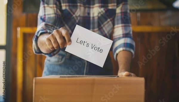 Fototapeta Voters to Participate in Electoral Motivate for Election, a man is seen putting a piece of paper into a ballot box, with the words "Let's vote" written on it. closeup image.