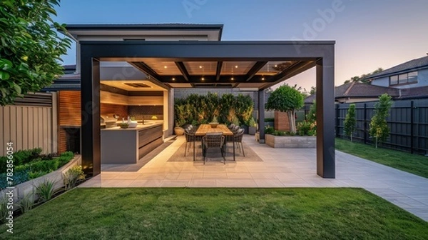 Fototapeta A contemporary backyard with a built-in outdoor kitchen and dining area. There's a pergola providing shade over a modern dining set, and ambient lighting illuminates the area. 