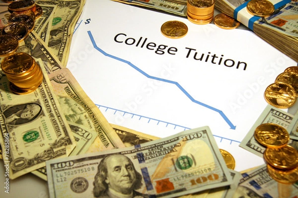 Obraz college tuition chart graph down falling with gold money