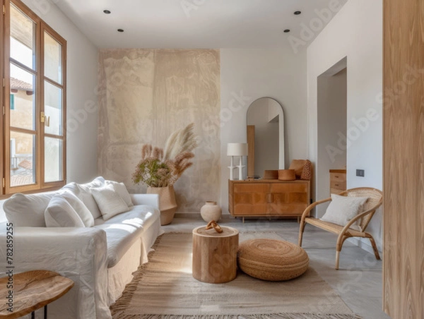 Fototapeta Serene minimalist bedroom in peach tone. Interiors composition in a luxury home