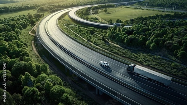 Fototapeta A high-altitude view of a compact car and a long truck driving on a highway that curves elegantly through a sprawling green forest. 