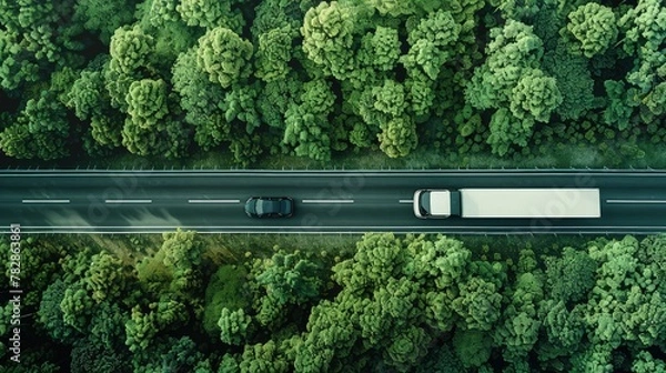 Fototapeta A top view of a small car and a semi-truck moving along a secluded highway road embedded in a forest with varying shades of green